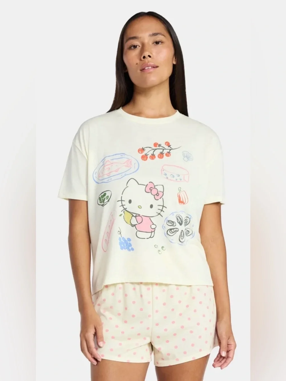 NWT Hello Kitty Sanrio 2 Piece Pajama Sleep Set Yellow Pink XS